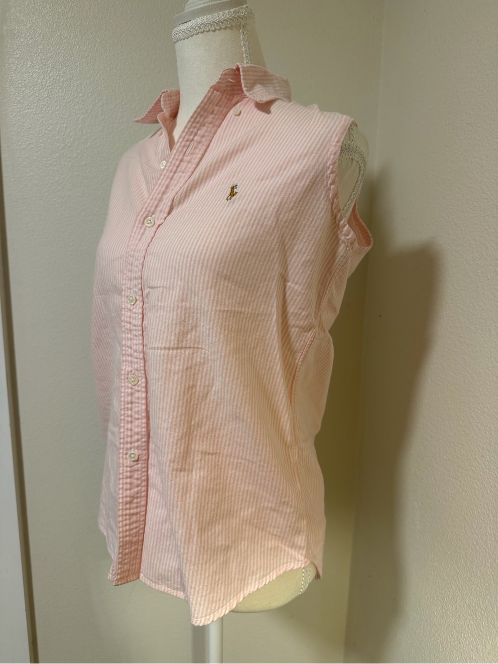 Ralph Lauren Pink and White Striped Button-Down Sleeveless Collared Pony Shirt - Picture 6 of 7